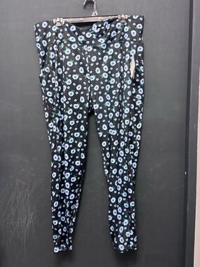 Black Floral Print Leggings with Blue and Mint Flowers